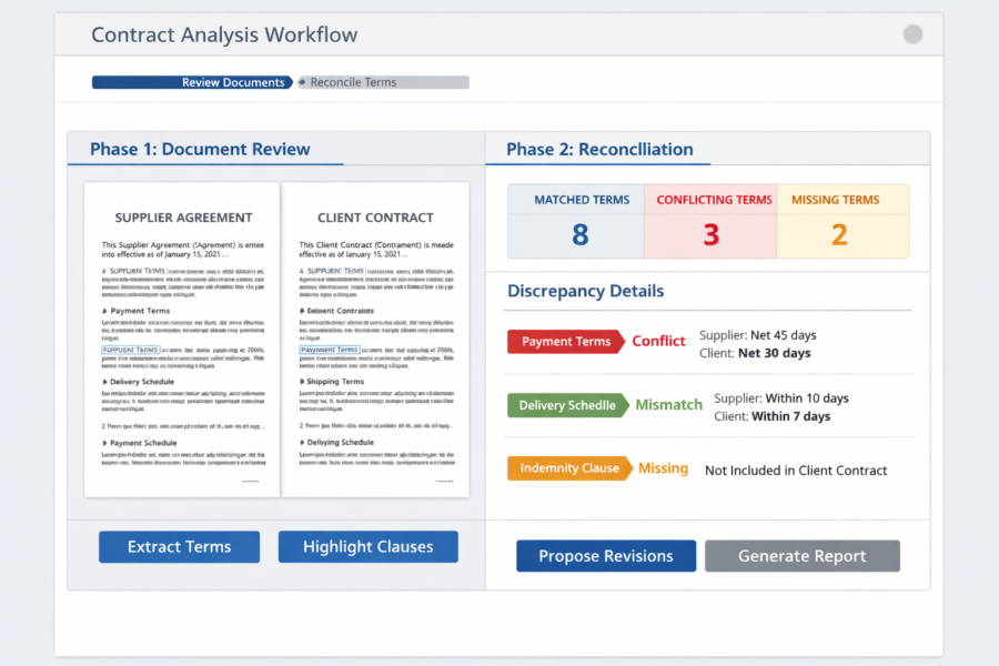Contract Analysis Workflow comparing Supplier Agreement and Client Contract with reconciliation results showing matched, c...