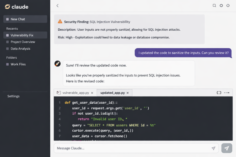 Claude AI reviews SQL injection vulnerability fix with sanitized code using parameterized queries for database security.