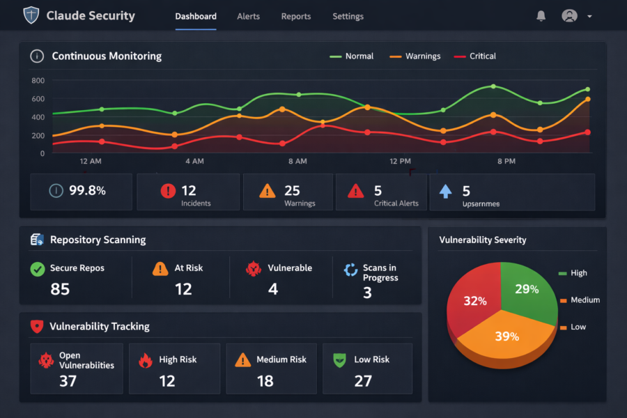 Claude Security dashboard showing continuous monitoring, repository scanning, and vulnerability tracking with 99.8% uptime...