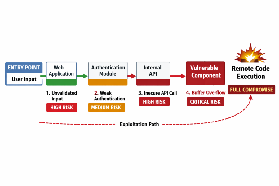 Application security vulnerability chain showing exploitation path from user input through authentication, API, and buffer...