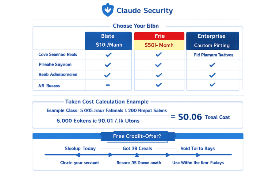 Claude Security pricing tiers comparison: Biate $10/month, Frie $50/month, Enterprise custom pricing with feature availabi...