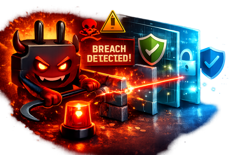 Security breach detection illustration with devil character, warning signs, and protective shields representing Claude AI ...