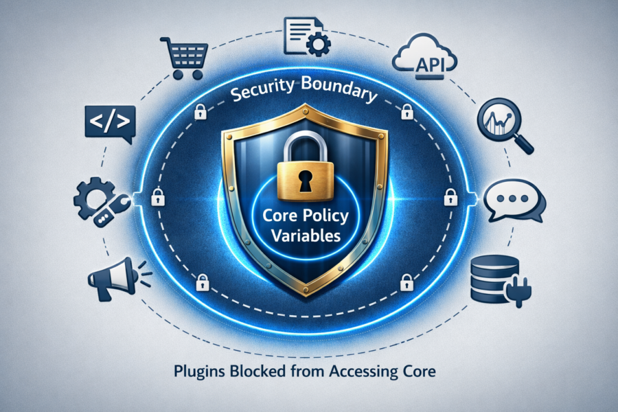 Security boundary illustration showing locked core policy variables protecting Claude's AI system from plugin access.
