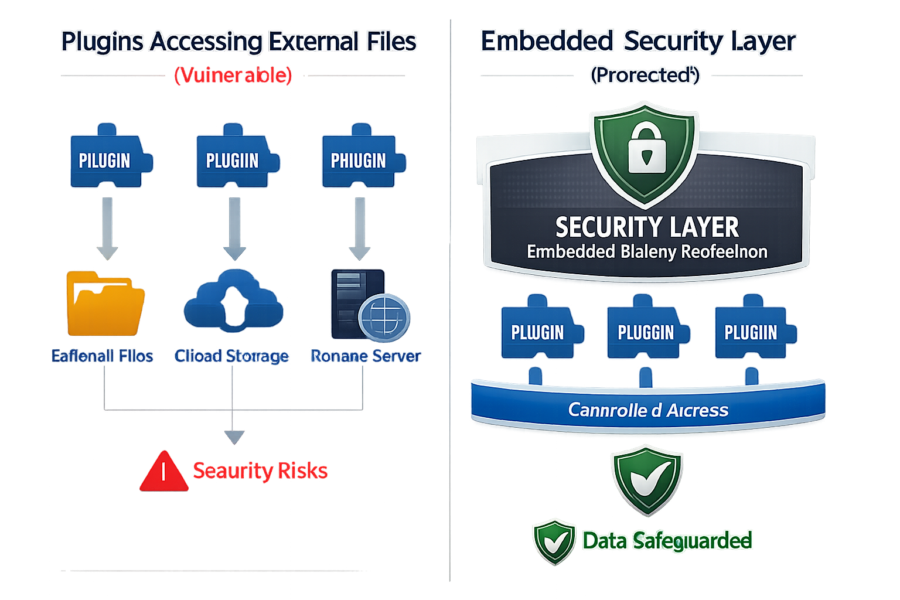 Plugin security vulnerabilities vs embedded security layer protection diagram showing data safeguards and access control a...