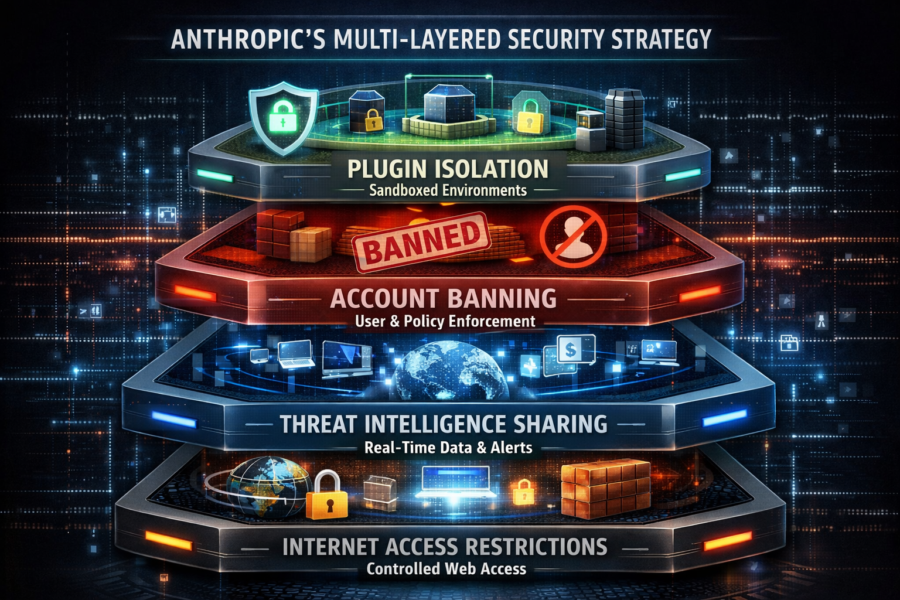 Anthropic's multi-layered security strategy diagram showing plugin isolation, account banning, threat intelligence sharing...