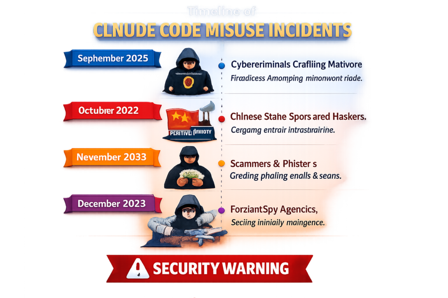 Timeline of Claude Code misuse incidents from 2022-2025 showing cybercriminals, hackers, scammers, and spy agencies exploi...