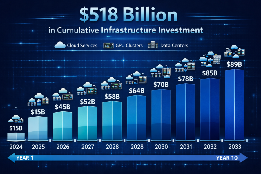 Anthropic's $518B cumulative infrastructure investment growth chart 2024-2033 showing cloud services, GPU clusters, and da...