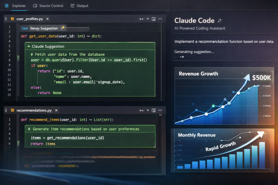 Claude Code AI assistant showing Python recommendation functions with revenue growth charts displaying $500K growth and ra...