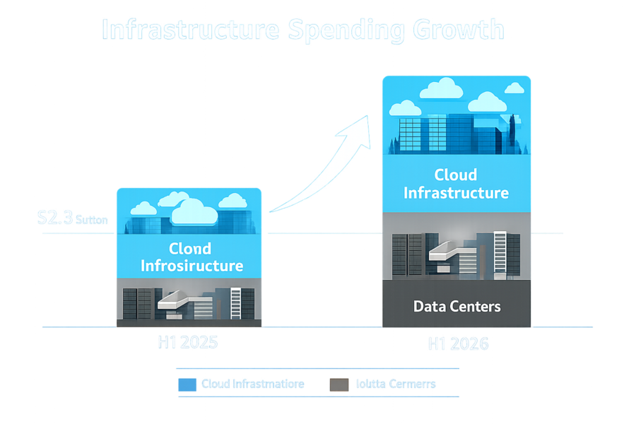 Infrastructure spending growth chart showing cloud infrastructure investment from H1 2025 to H1 2026 with $2.3 billion inc...
