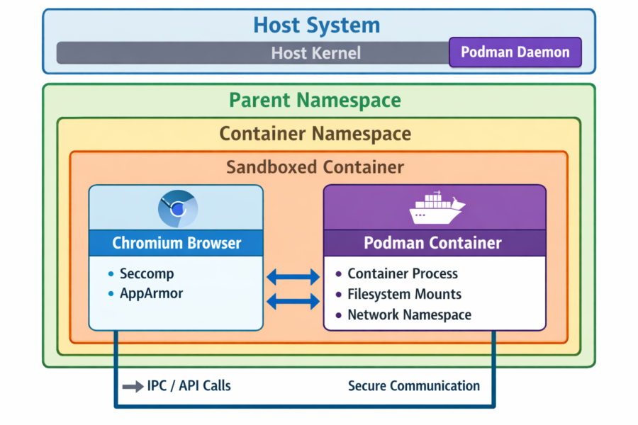 Podman container architecture diagram showing Chromium browser, Seccomp, AppArmor, and secure communication layers with ho...