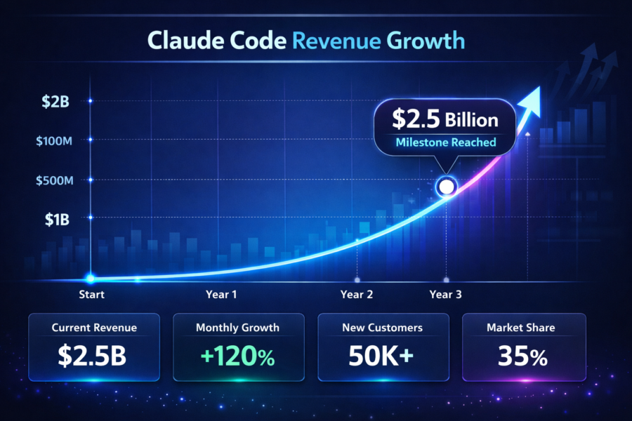 Claude Code revenue growth chart showing $2.5B milestone, 120% monthly growth, 50K+ new customers, and 35% market share tr...