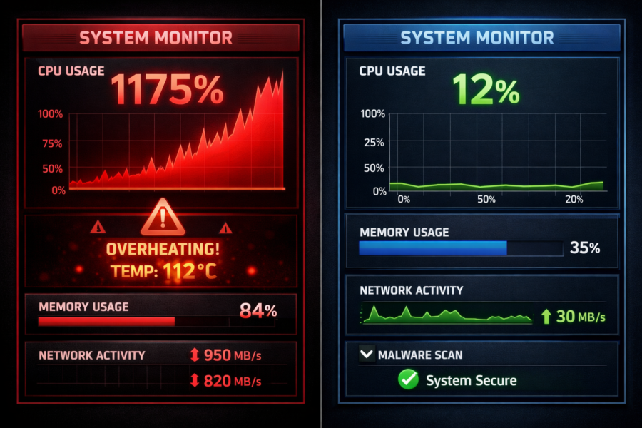 System monitor comparison: overheating CPU at 1175% vs healthy system at 12% usage with malware scan results.