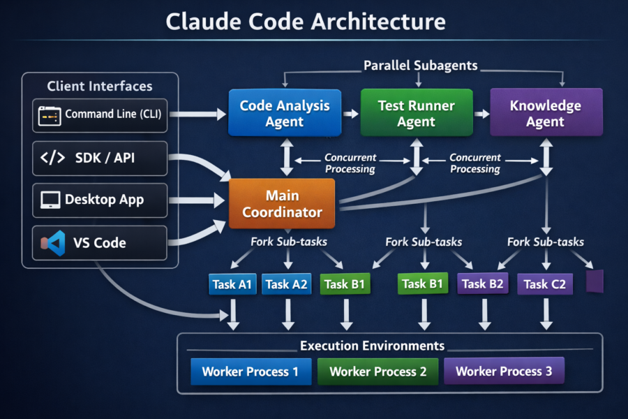 Claude Code Architecture diagram showing parallel subagents, task coordination, and worker processes for AI-powered develo...
