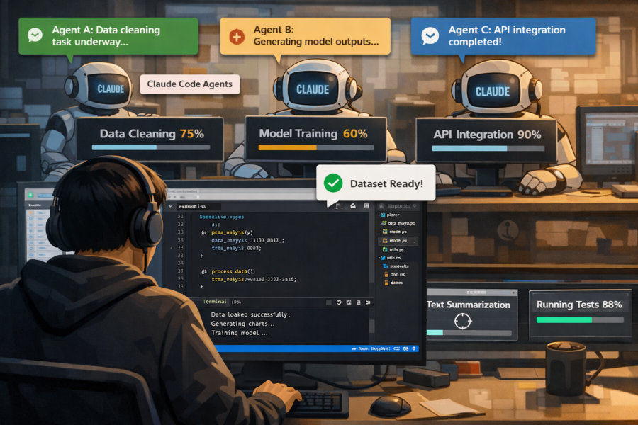 Claude Code Agents automating data cleaning, model training, and API integration tasks with real-time progress monitoring.