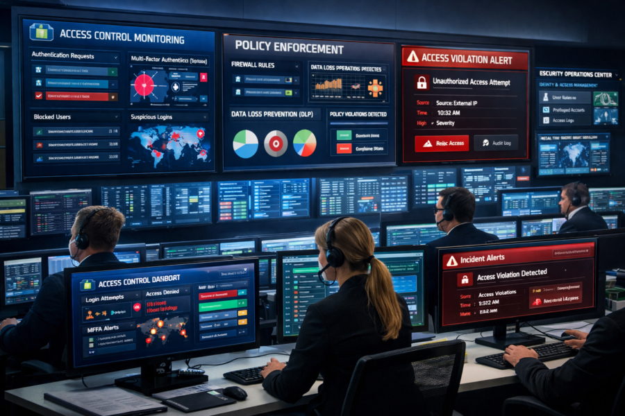 Security operations center monitoring access control, firewall rules, and incident alerts on multiple displays
