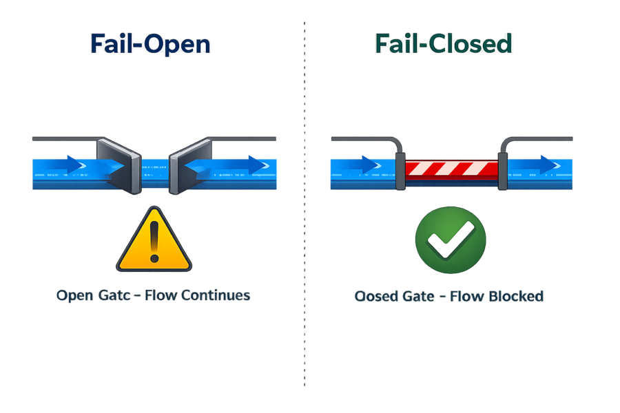 Fail-open vs fail-closed safety mechanisms: open gate allows flow continuation while closed gate blocks flow for system pr...