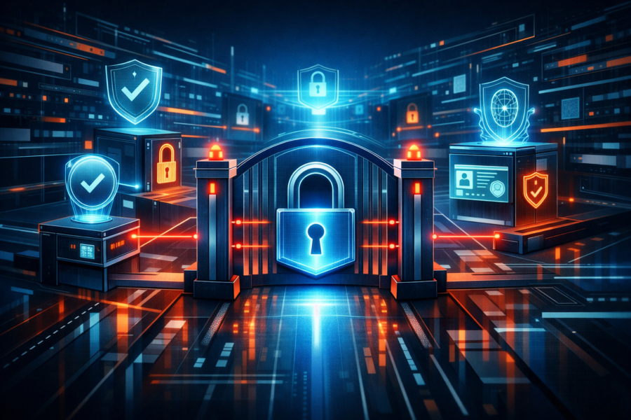 Digital security gateway with glowing padlock and shield icons representing AI security and code protection systems.