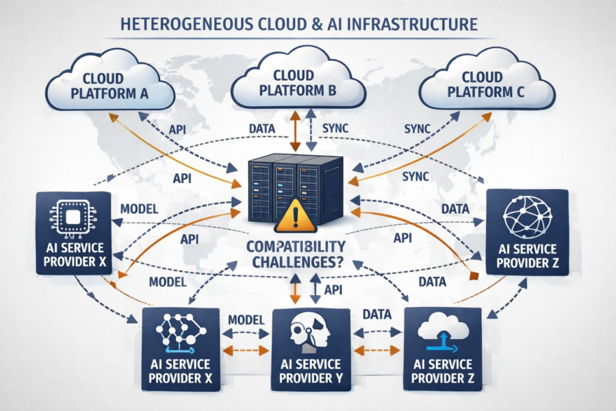 Heterogeneous cloud AI infrastructure diagram showing multi-platform integration, API compatibility challenges, and data s...