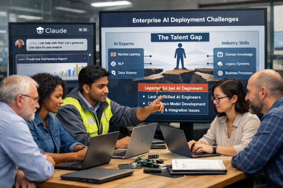 Team discussing Enterprise AI Deployment Challenges with Claude AI assistant displaying talent gap and integration issues ...