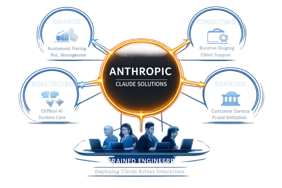 Anthropic Claude Solutions training hub with finance, consulting, healthcare, banking sectors and trained engineers deploy...
