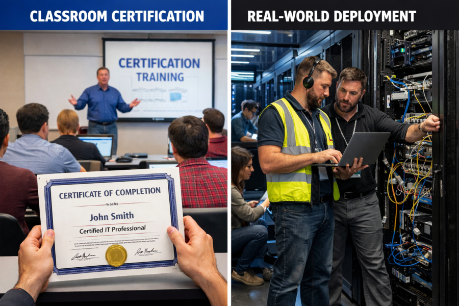 IT professional certification training classroom and real-world server deployment hands-on experience for tech careers