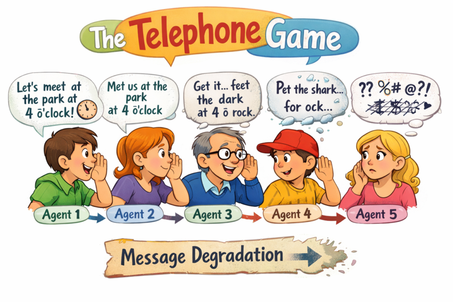 Telephone game illustration showing message degradation through five agents, demonstrating how information distorts when p...