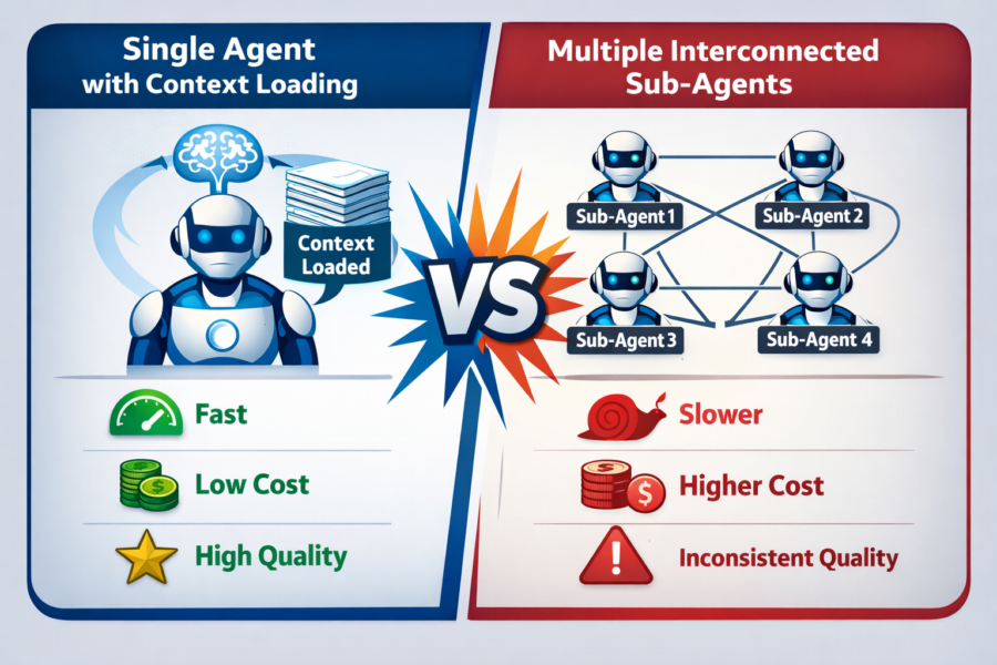 Single agent vs multiple subagents comparison: speed, cost, and quality differences in AI architecture design.
