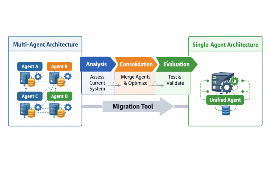 Multi-agent to single-agent architecture migration diagram showing consolidation and evaluation process for unified AI age...