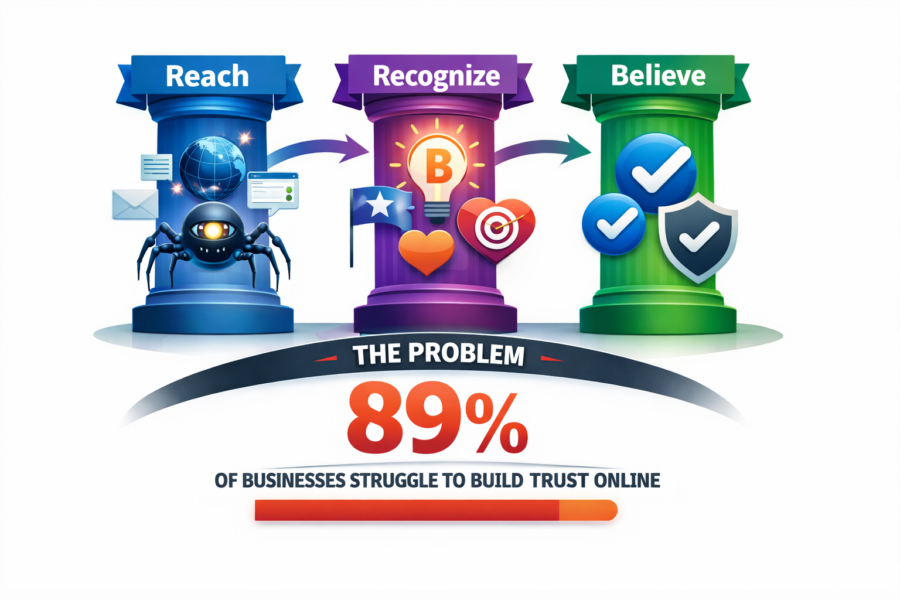 Three-step trust-building framework: Reach, Recognize, Believe. Infographic showing 89% of businesses struggle to build on...
