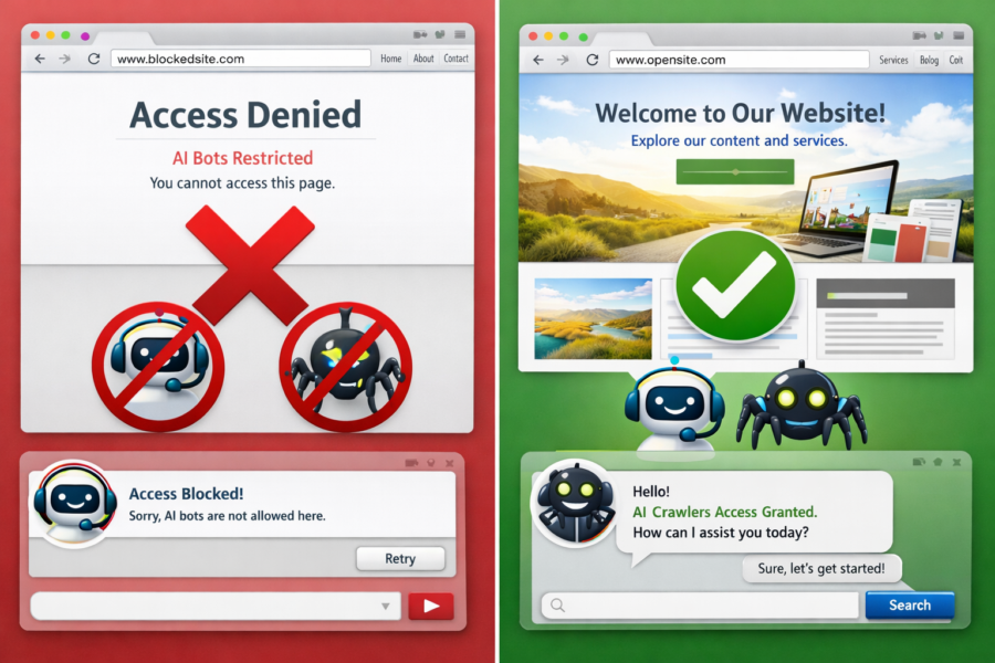 Comparison of blocked vs. allowed AI crawler access to websites showing access denied and granted pages.