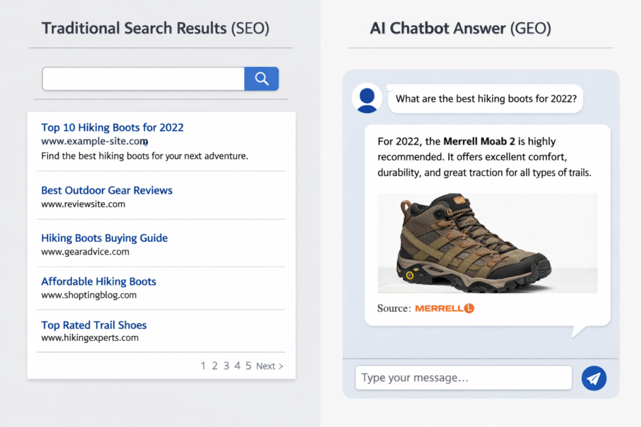 Traditional SEO vs AI chatbot results for hiking boots search query comparison