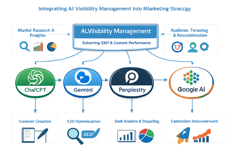AI visibility management strategy flowchart integrating ChatGPT, Gemini, Perplexity, and Google AI for SEO optimization an...
