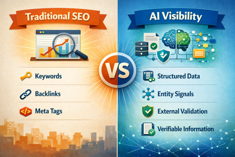 Traditional SEO vs AI Visibility comparison showing keywords, backlinks, meta tags against structured data and entity sign...
