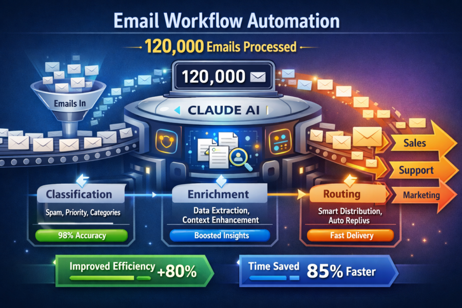 Claude AI email workflow automation processing 120,000 emails with 98% accuracy, classification, enrichment, routing to sa...