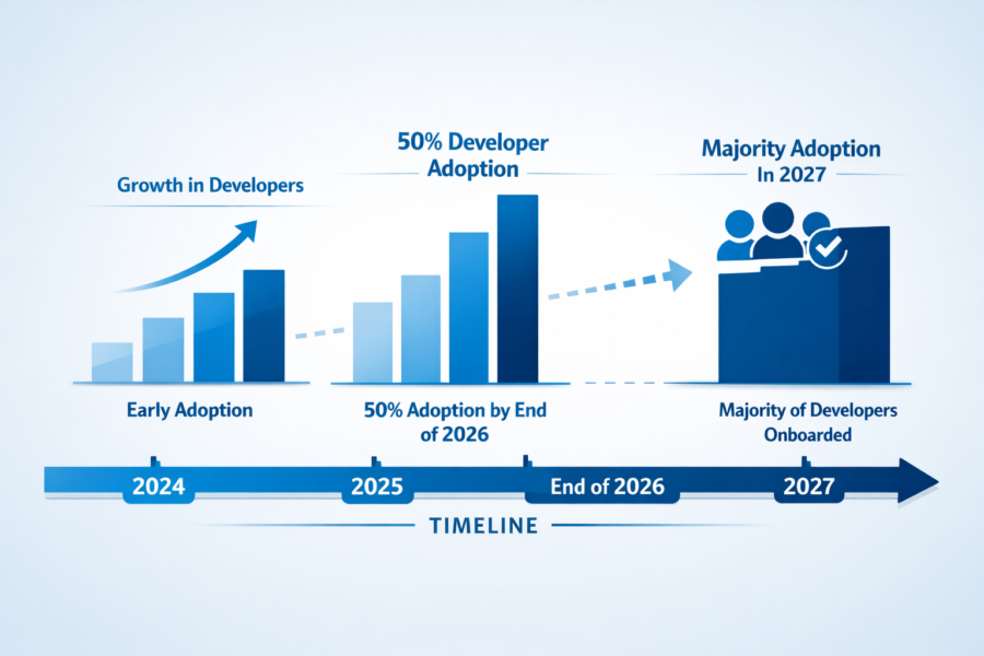 Developer adoption timeline showing growth from 2024 to 2027, targeting 50% adoption by end of 2026 and majority onboardin...