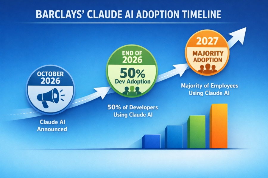 Barclays Claude AI adoption timeline showing developer usage growth from October 2026 announcement to majority adoption by...
