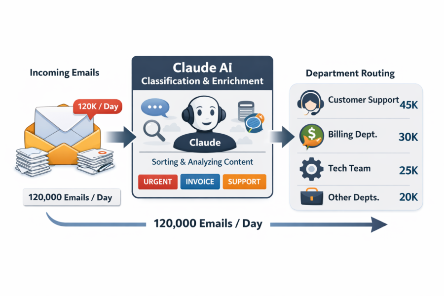 Claude AI email classification system routing 120K daily emails to customer support, billing, tech, and other departments.