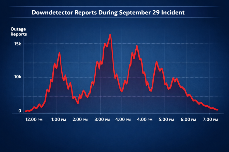 Downdetector outage reports graph showing ChatGPT and Claude service disruptions on September 29, peaking at 16k reports.