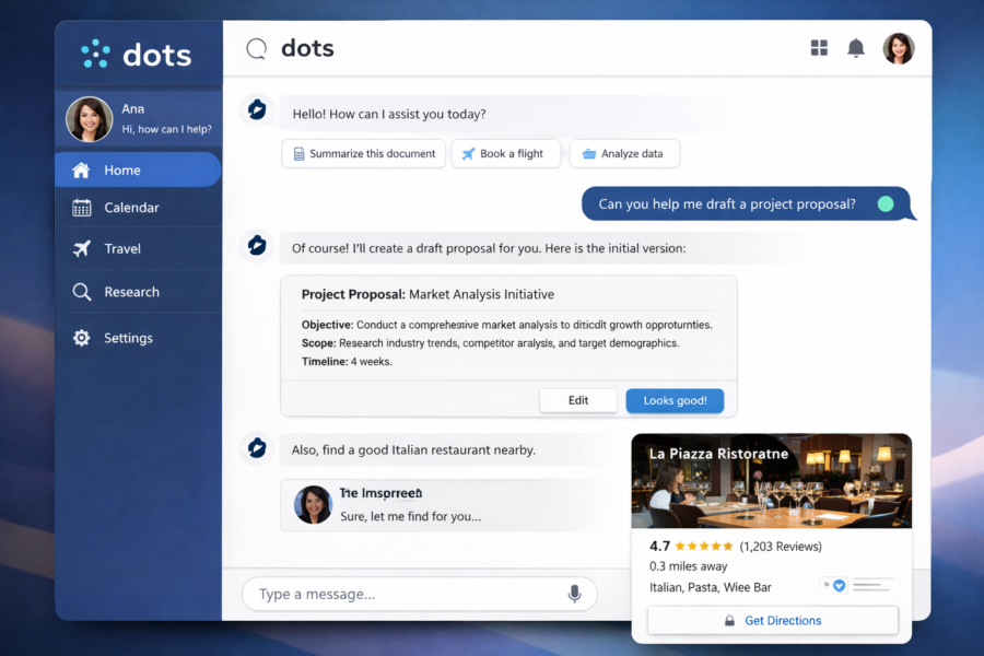 Dots AI assistant interface showing chatbot conversation with project proposal draft and Italian restaurant recommendation...