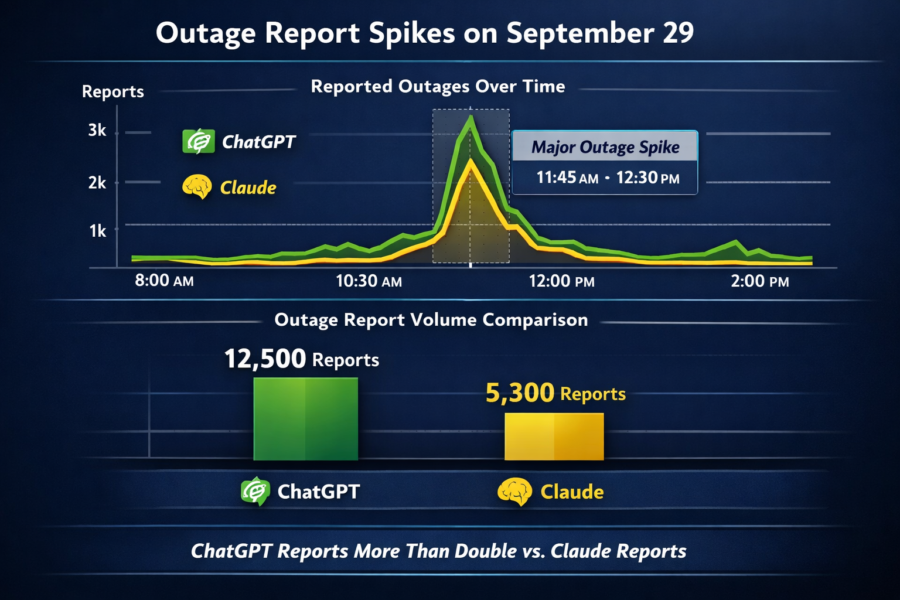 ChatGPT and Claude outage report spikes on September 29, showing 12,500 vs 5,300 reports with peak at 11:45 AM-12:30 PM.