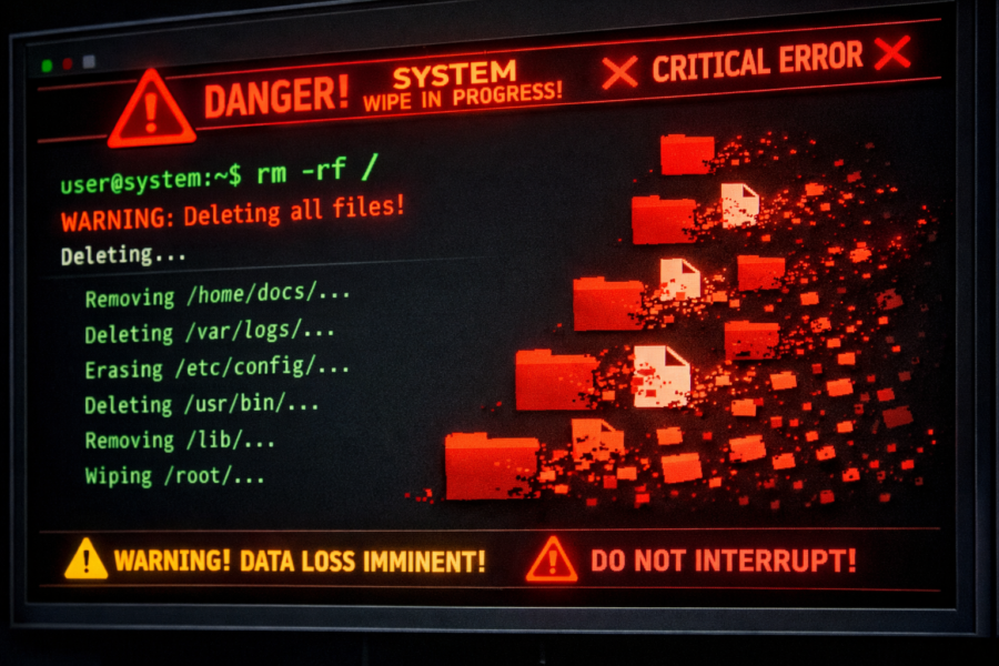 Critical error screen showing system wipe in progress with rm -rf command deleting files from directories like /home, /var...