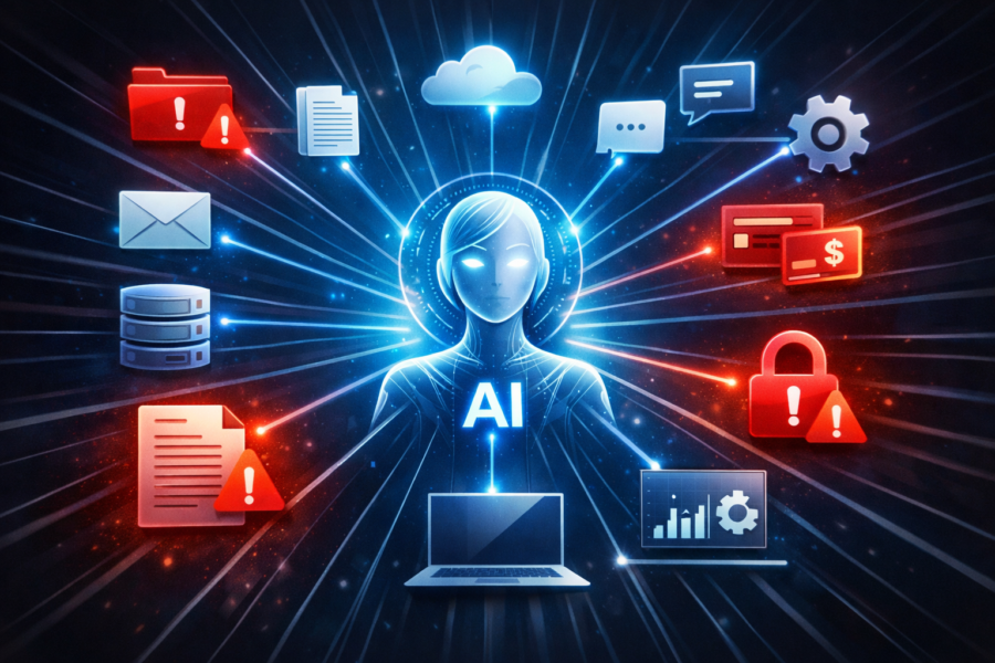 AI system managing data with security alerts, representing risks of accidental file deletion and data loss incidents.