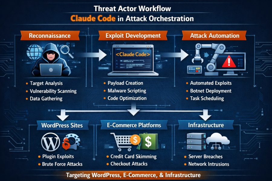 Claude Code threat actor workflow: reconnaissance, exploit development, and attack automation targeting WordPress, e-comme...