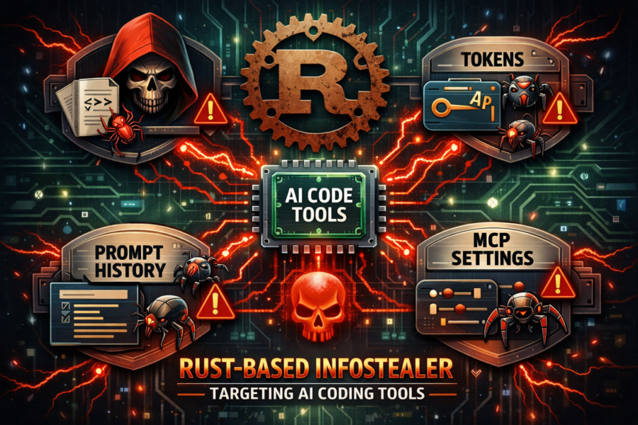 Rust-based malware infographic targeting AI coding tools with tokens, MCP settings, and prompt history theft capabilities.