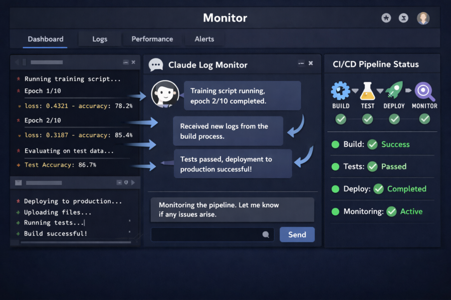 Claude Log Monitor dashboard showing CI/CD pipeline status with successful build, test, deploy, and monitoring stages for ...
