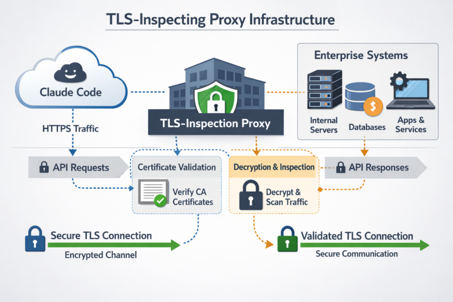 TLS-Inspecting Proxy Infrastructure diagram showing Claude Code HTTPS traffic flow through certificate validation and decr...