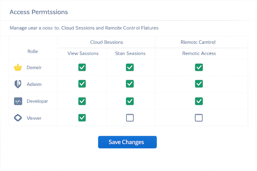 Access Permissions table showing Cloud Sessions and Remote Control role-based permissions for Demeir, Admin, Developer, an...