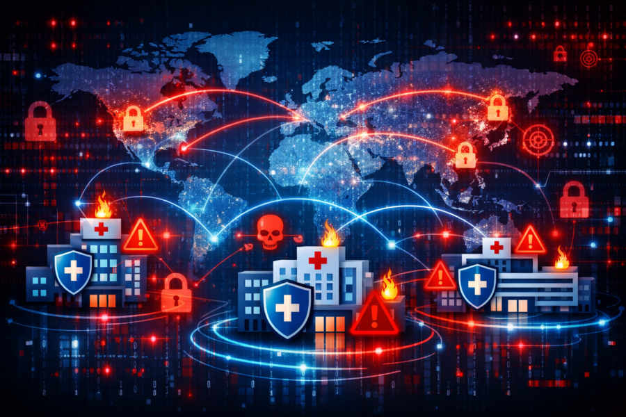 Healthcare cyberattack threat visualization with hospitals, security locks, warning symbols, and global network connection...