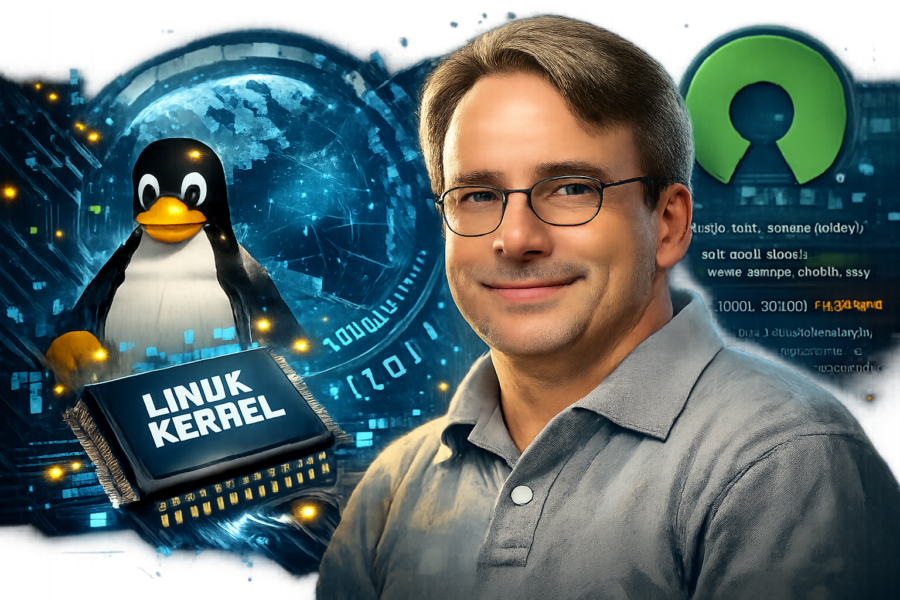 Linux kernel security concept with penguin mascot and digital globe representing cybersecurity threats and healthcare cybe...