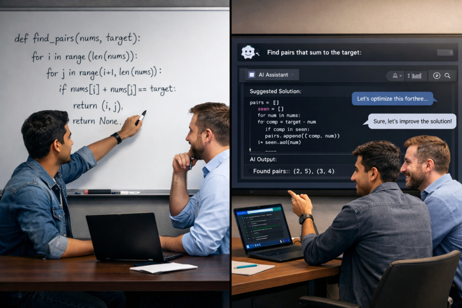 Developers discussing code optimization using AI assistant for pair sum algorithm problem-solving collaboration.